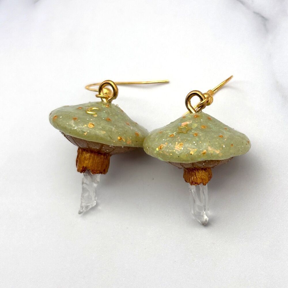 Green Mushroom Quartz Crystal Earrings | Polymer Clay Dangle with Moon and Star - Picture 6 of 10